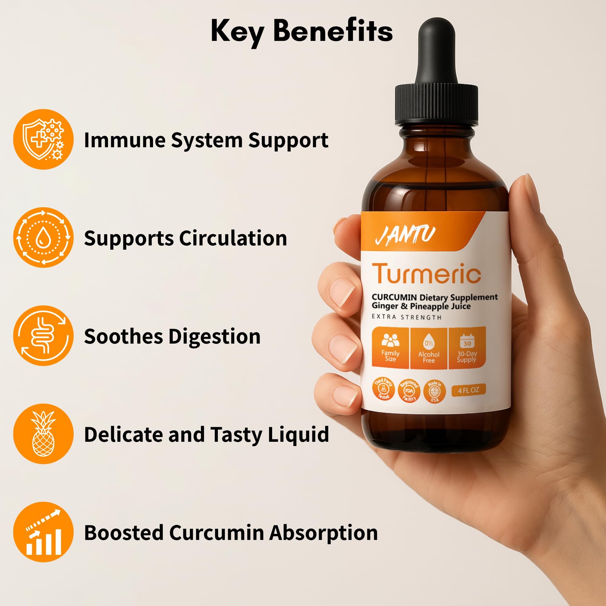 Dropper releasing golden turmeric tincture next to bottle