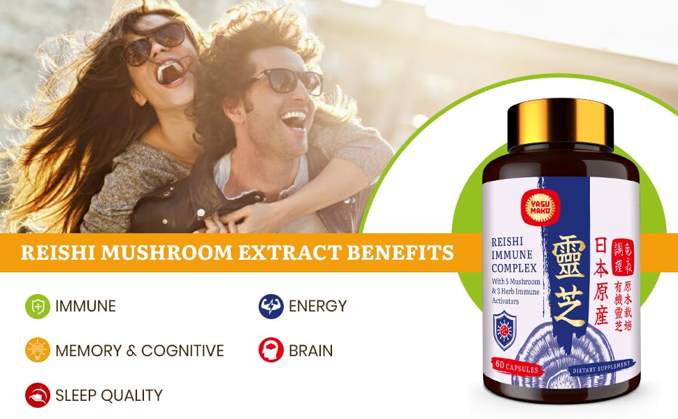 Capsules containing Reishi, Chaga, Cordyceps, Lion's Mane, Maitake and Agaricus