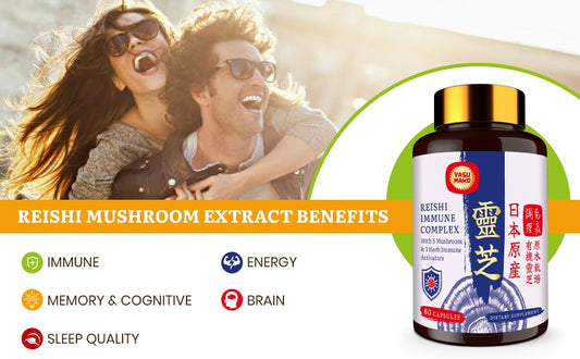 Capsules containing Reishi, Chaga, Cordyceps, Lion's Mane, Maitake and Agaricus