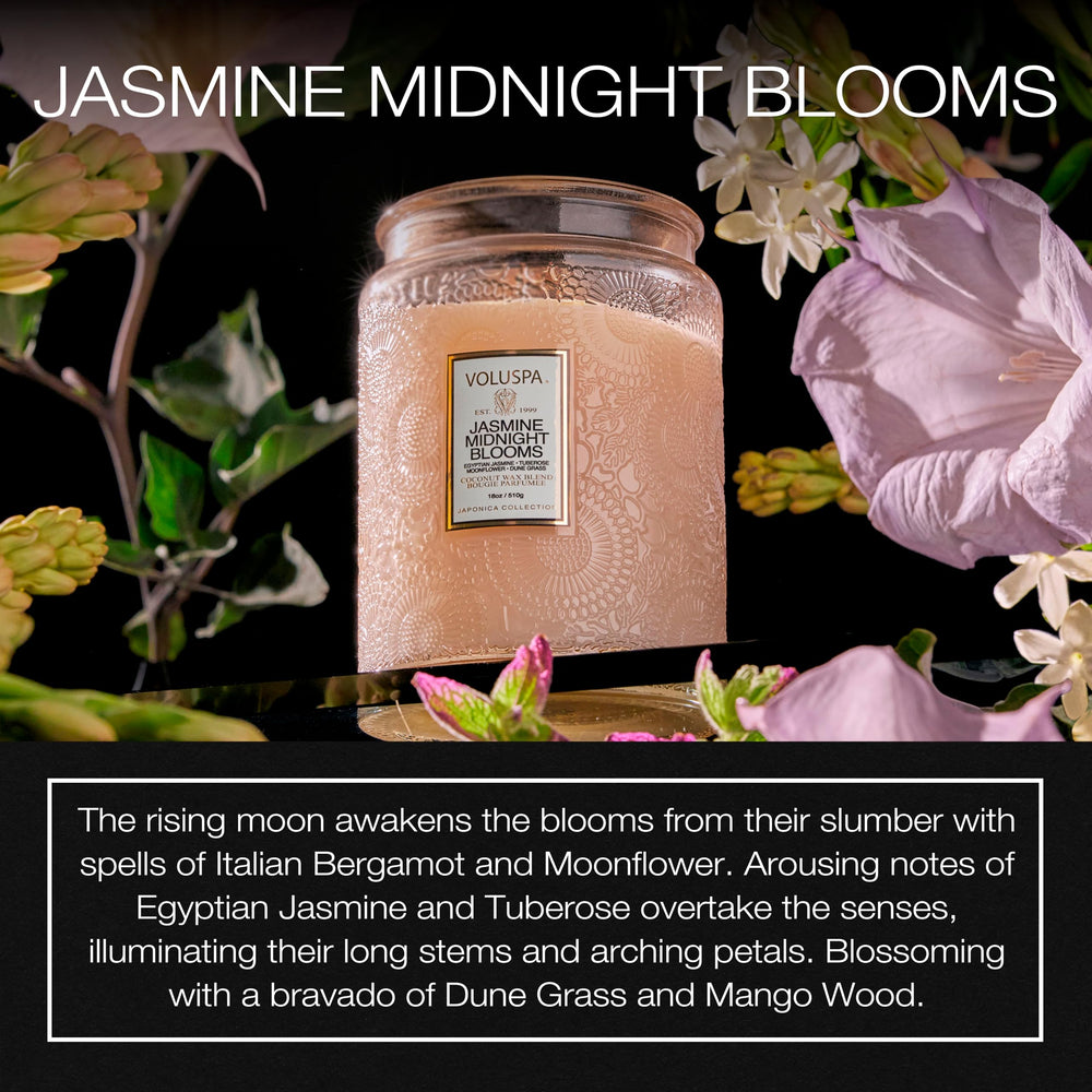 Close-up of Jasmine Midnight Blooms fragrance in 18 oz Voluspa candle