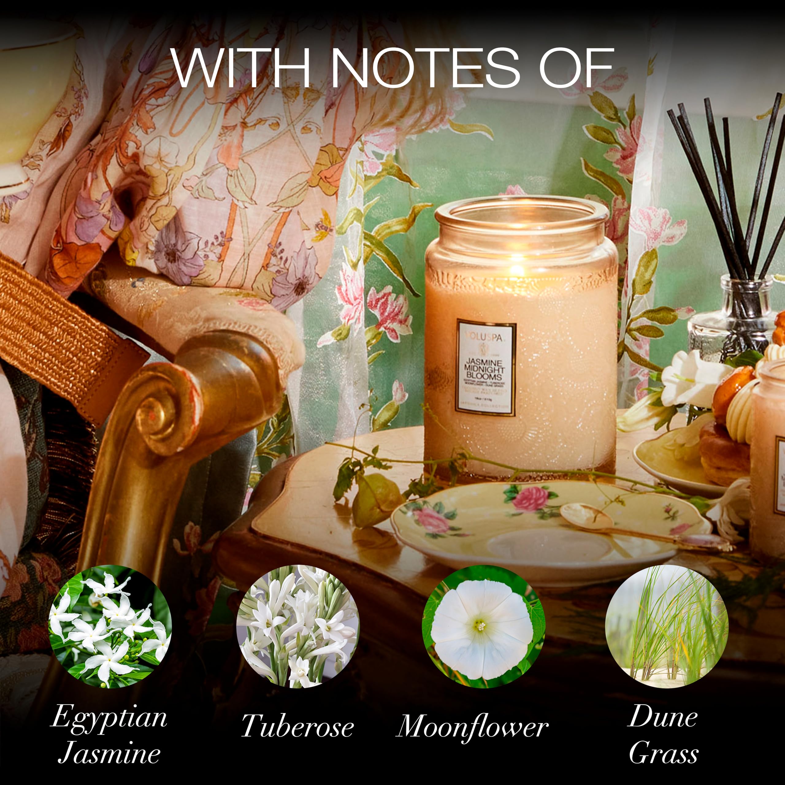 Voluspa Japonica 18 oz Jasmine Midnight Blooms candle with label