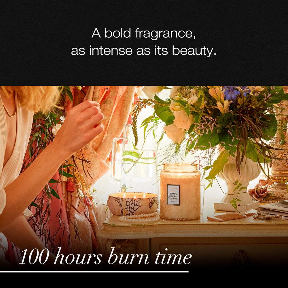 18 oz Voluspa candle with Jasmine Midnight Blooms fragrance and lid