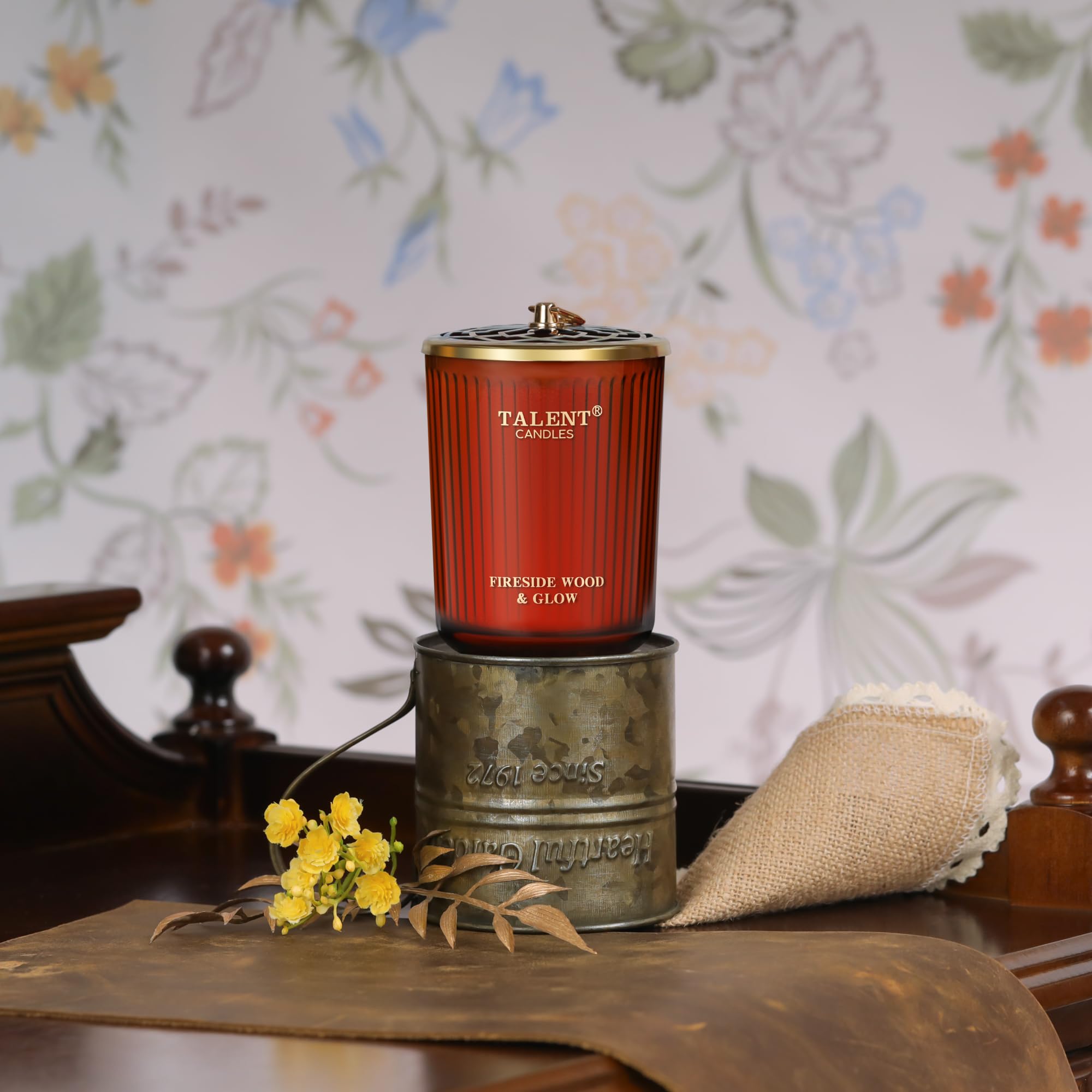 Ambient fireside jar candle in a traditional style living room