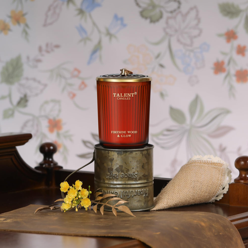 Ambient fireside jar candle in a traditional style living room