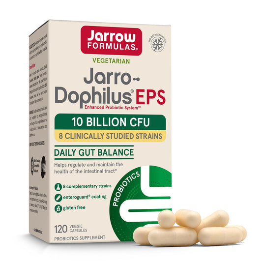 Bottle of Jarro-Dophilus EPS probiotic capsules containing 120 veggie capsules