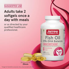 Jarrow Formulas EPA-DHA Balance bottle-pour image illustrates convenient daily supplementation.