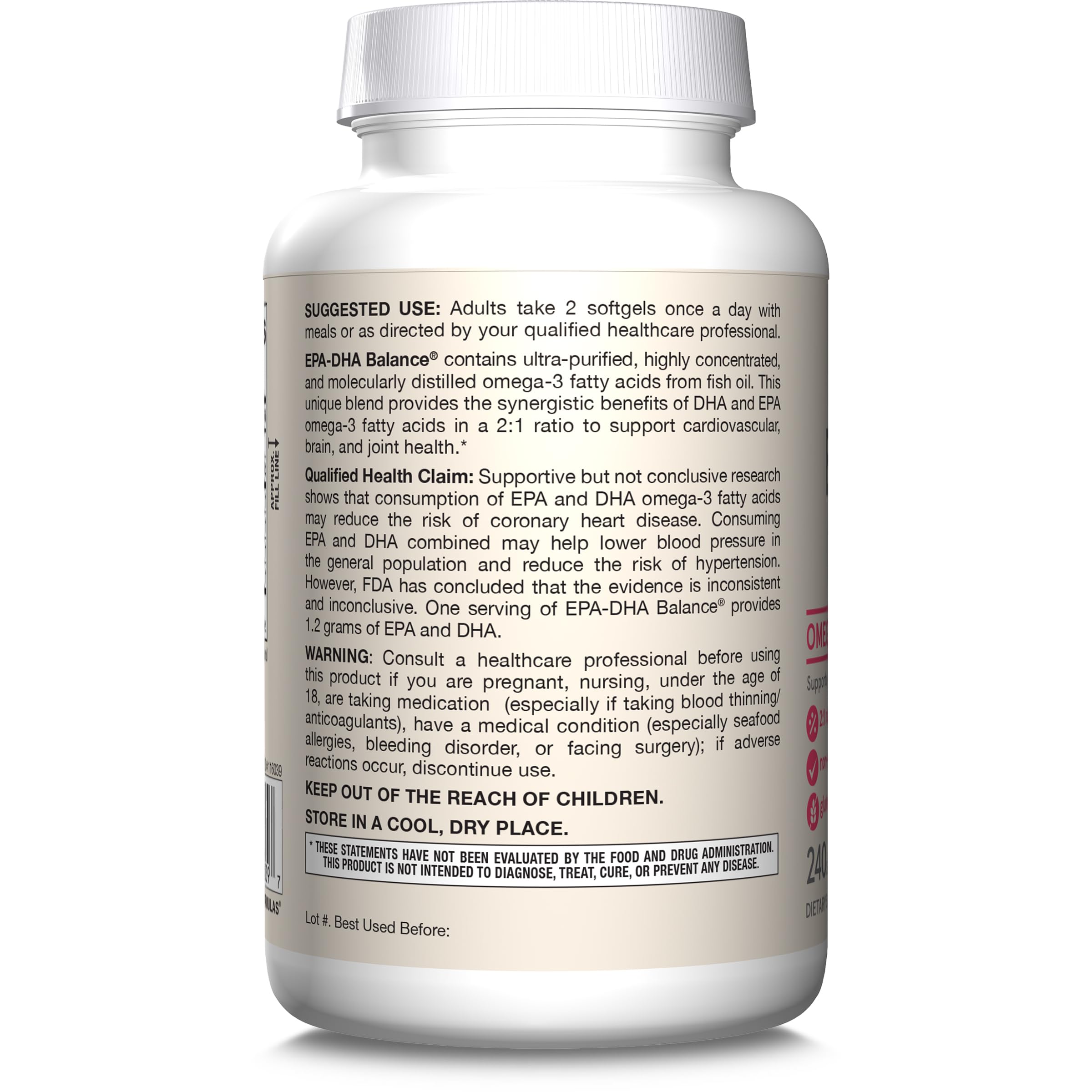 Jarrow Formulas EPA-DHA Balance label highlights CRN and proposed USP standards.