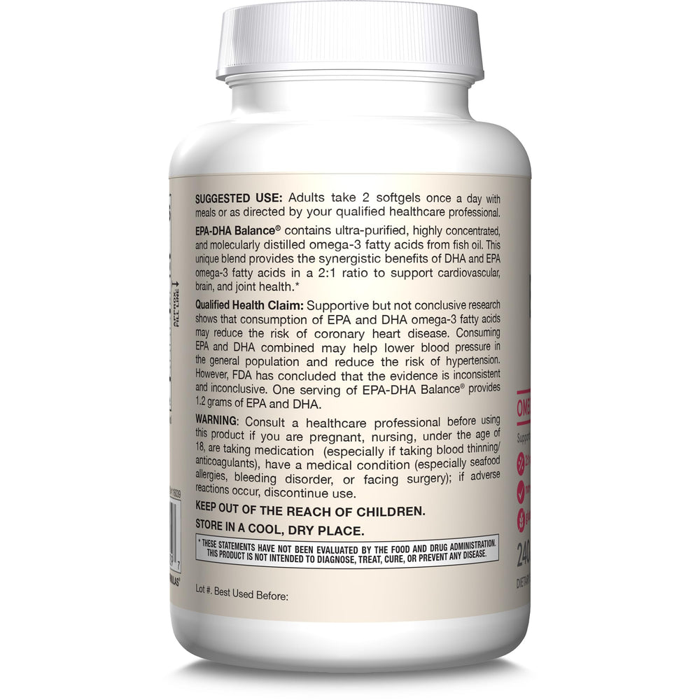 Jarrow Formulas EPA-DHA Balance label highlights CRN and proposed USP standards.