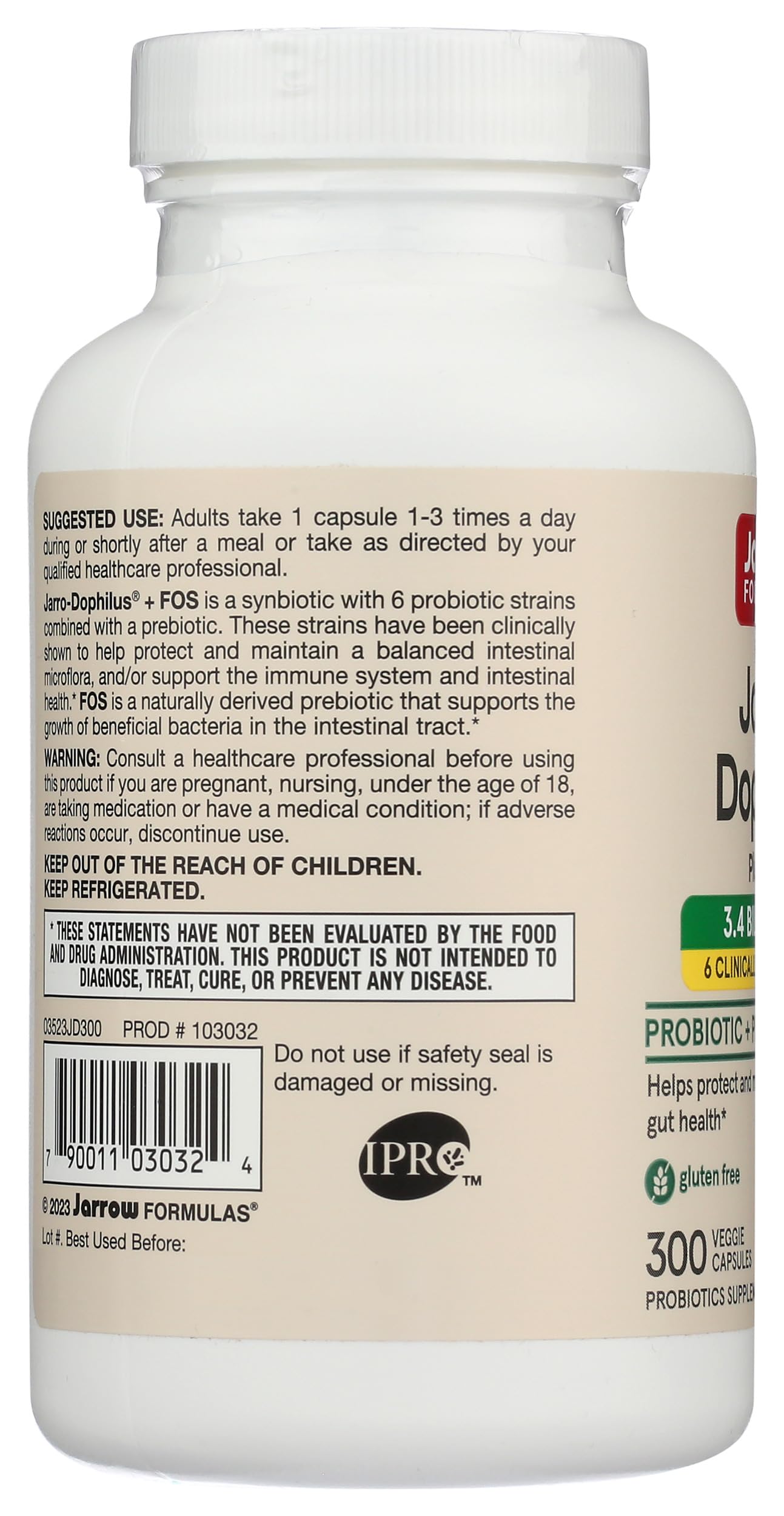 Ingredient list showing probiotic strains and FOS