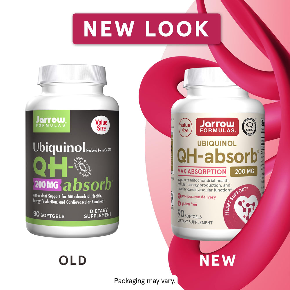 Jarrow Formulas QH-Absorb softgels pack for easy daily Co-Q10 supplementation.