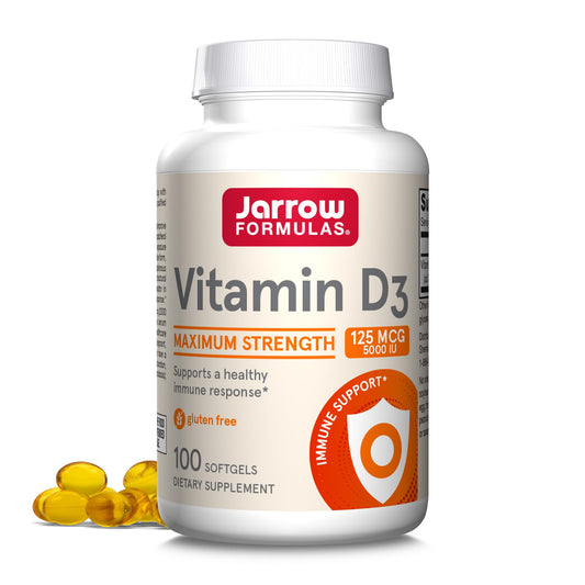 Bottle of Jarrow Formulas Vitamin D3 5000 IU softgels with label