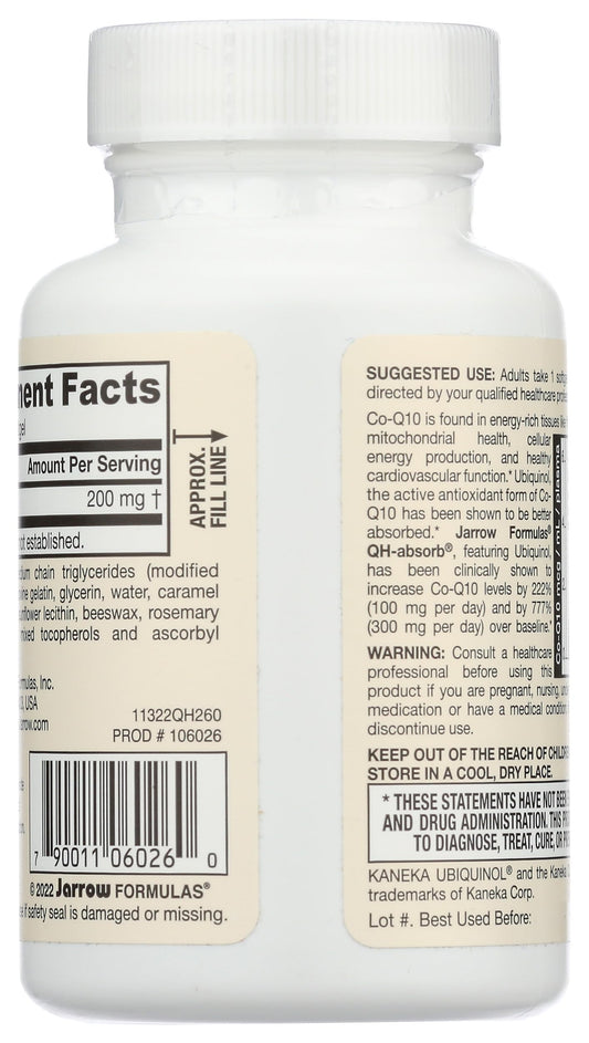 Jarrow QH-absorb 200 mg Softgels label/back view