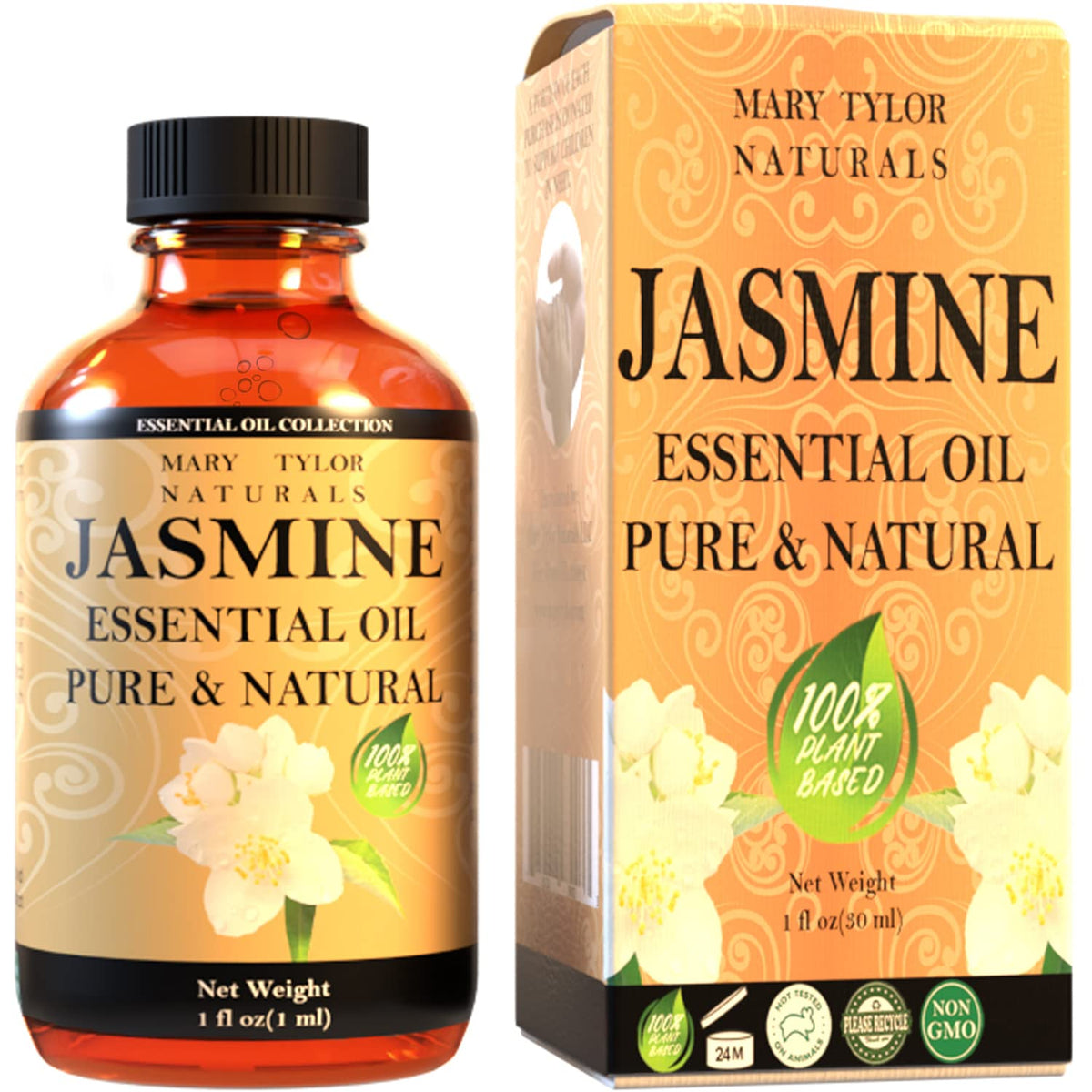 1 oz Jasmine Essential Oil bottle in amber glass with dropper