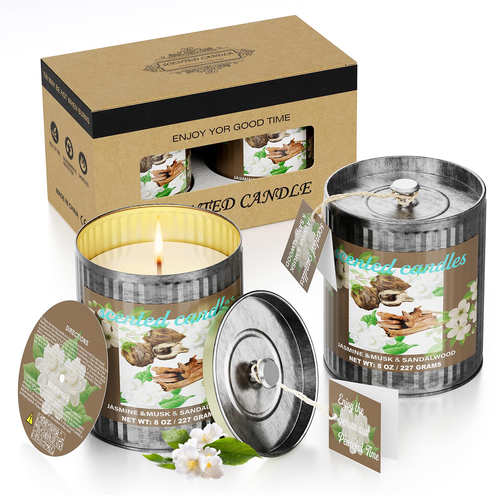 Jasmine, musk and sandalwood scented candle set in a 2-pack 16oz jar
