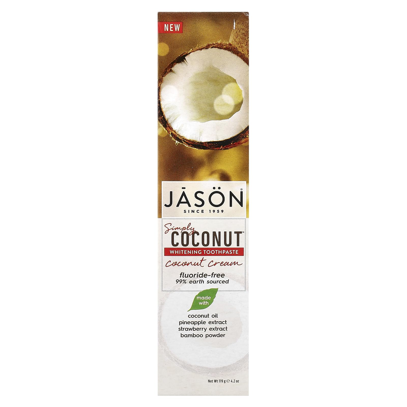 Close-up of Jason Coconut Cream toothpaste label on tube