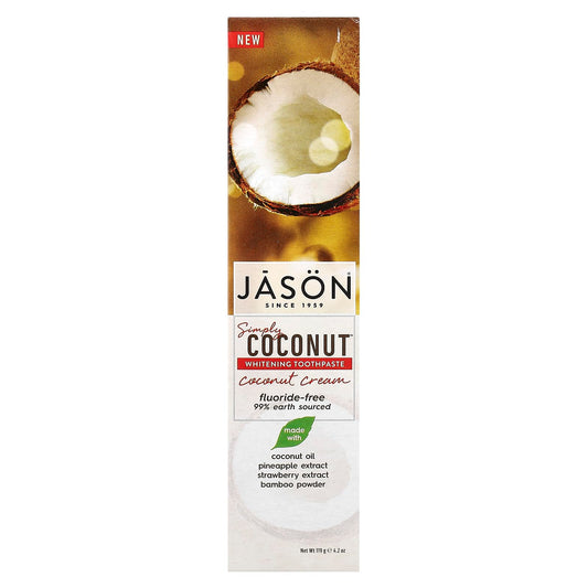 Close-up of Jason Coconut Cream toothpaste label on tube