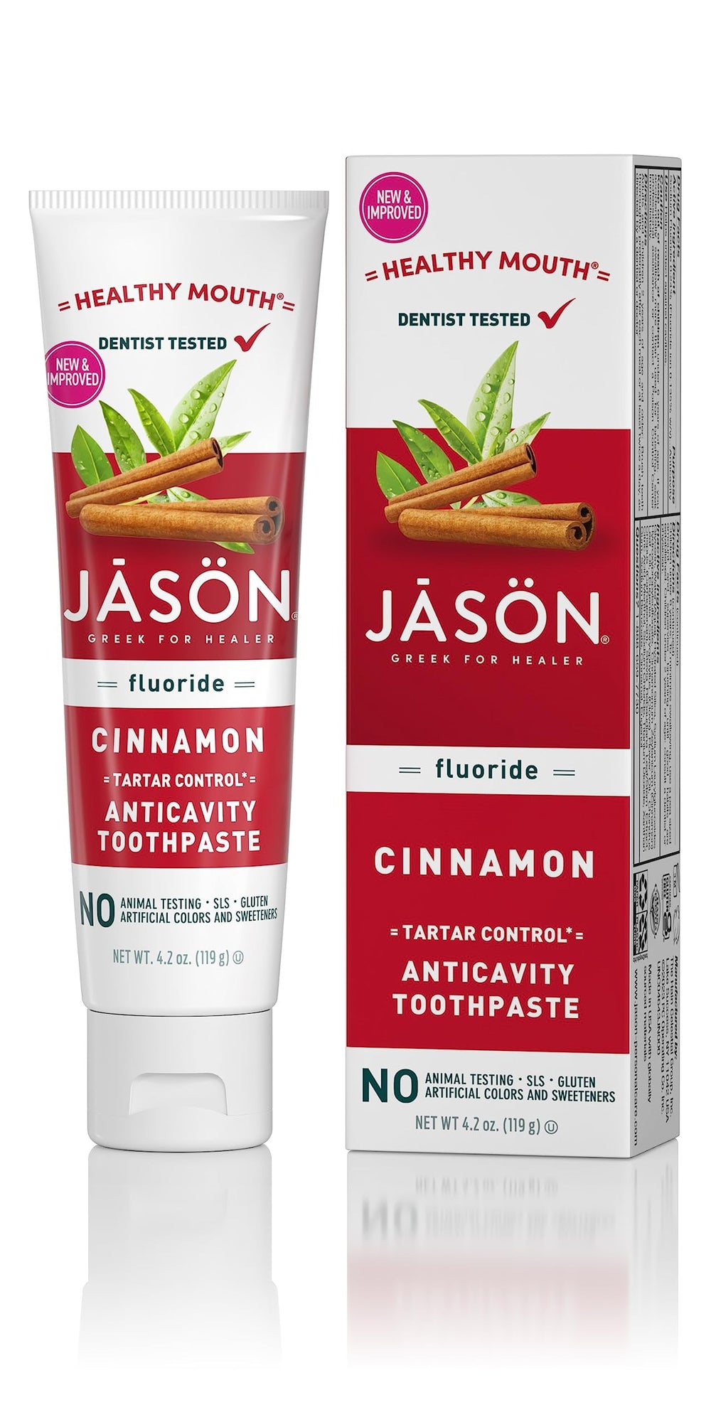 Packaging of Jason Healthy Mouth Toothpaste with Fluoride 4.2 oz