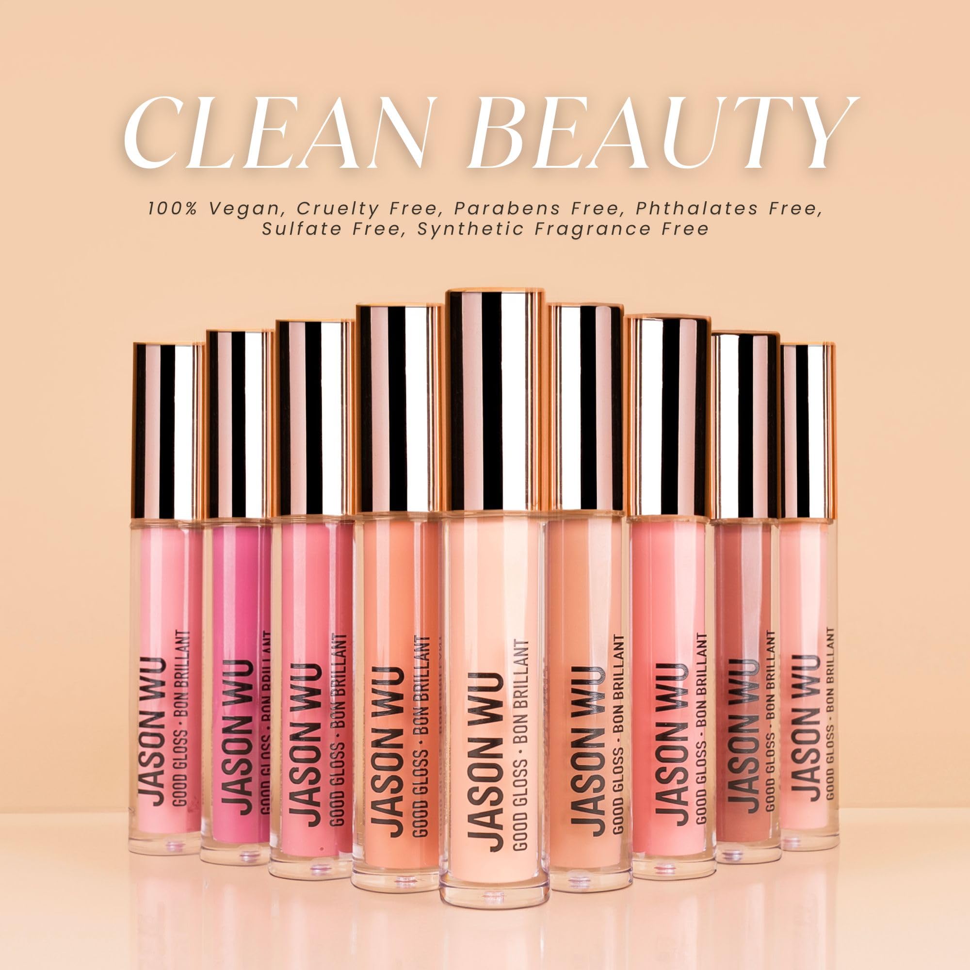 Jason Wu Good Gloss GG03 Peach Cobbler on lips offers soft, healthy-looking glow.