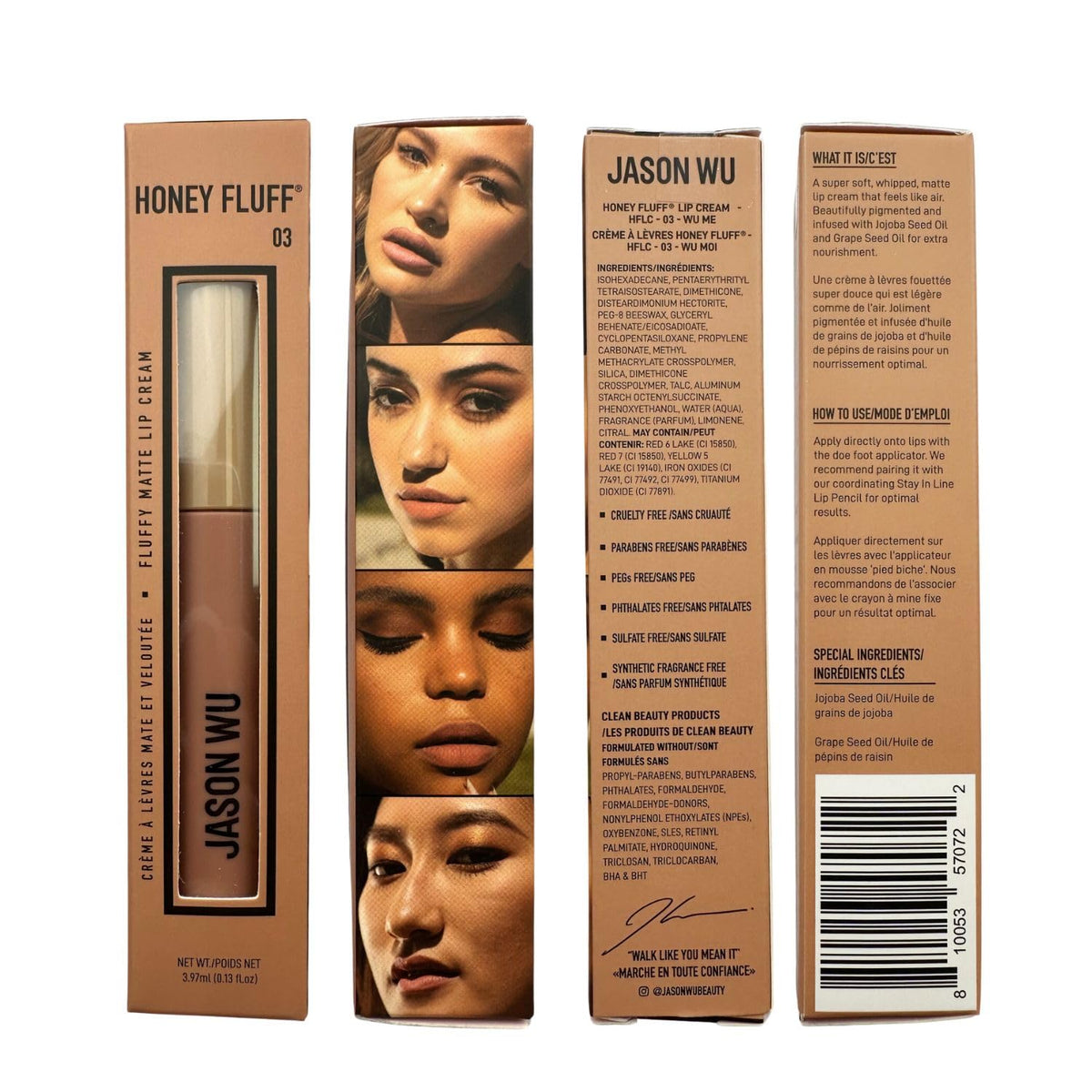 Jason Wu Honey Fluff Lip Cream Wu Me swatch lips for a soft matte finish.