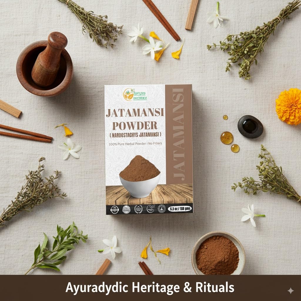 Herbs Botanica branding and Jatamansi powder background