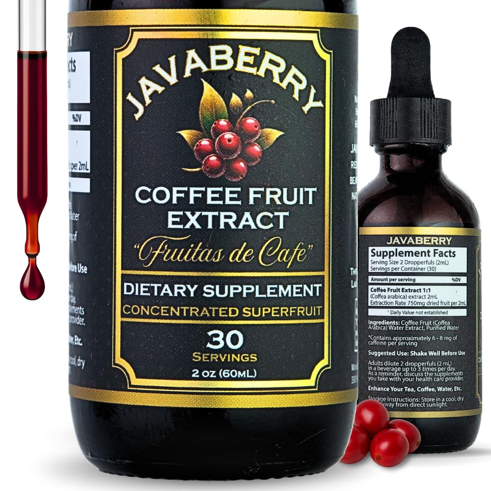 Bottle of Javaberry Coffee Fruit Extract with dropper label