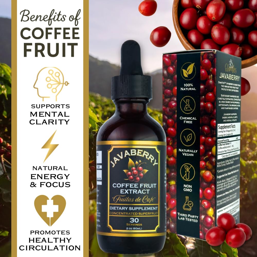 Close-up of Javaberry Coffee Fruit Extract liquid in a dropper
