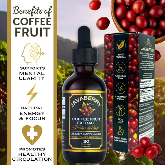 Close-up of Javaberry Coffee Fruit Extract liquid in a dropper