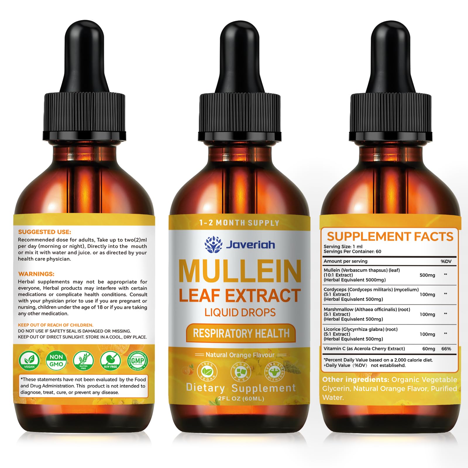 Dropper bottle and 2oz packaging of Javeriah Mullein Drops