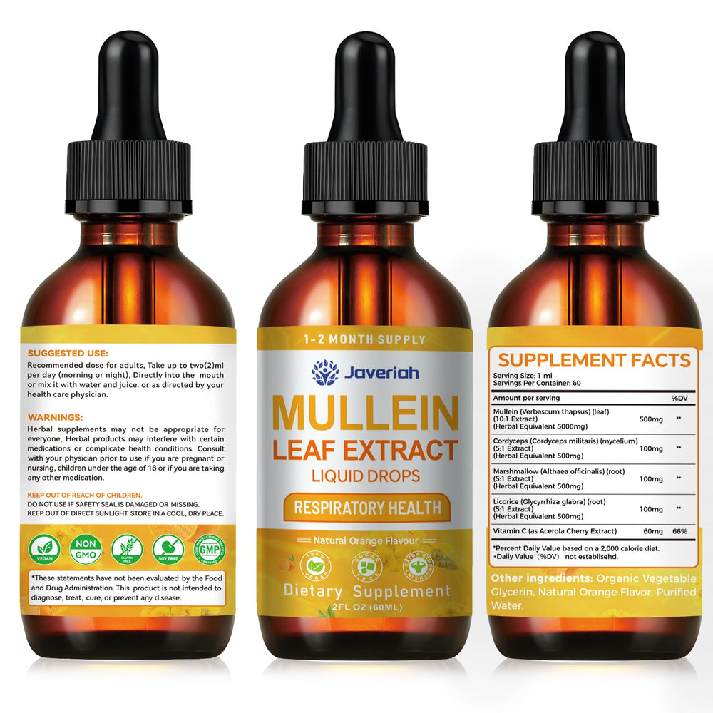 Dropper bottle and 2oz packaging of Javeriah Mullein Drops