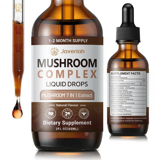 Javeriah Mushroom Complex Drops bottle label featuring Lion's Mane