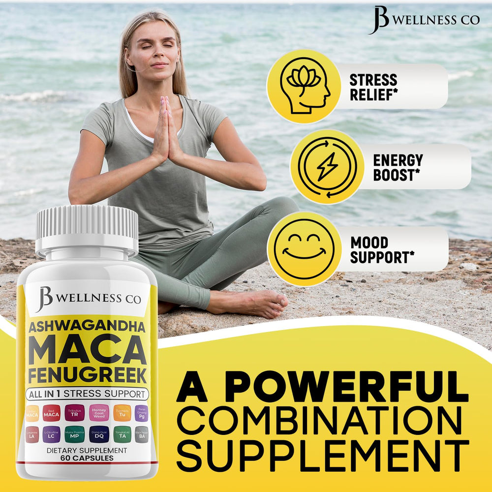 60-count JB Wellness Co. bottle of Ashwagandha Maca Fenugreek supplement