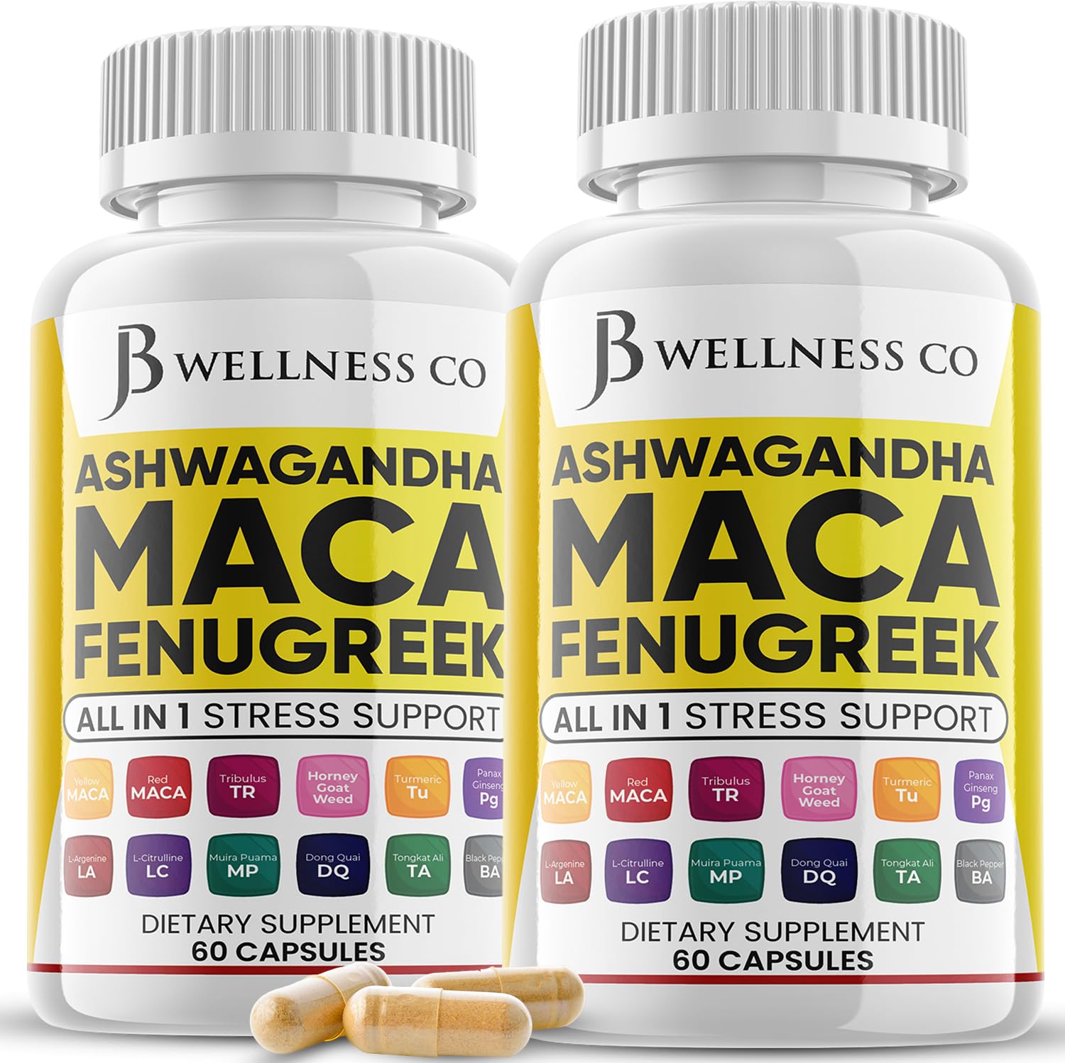 JB Wellness Co Ashwagandha Maca Fenugreek supplement bottle front 120 count