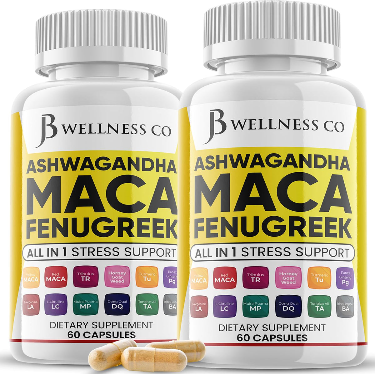JB Wellness Co Ashwagandha Maca Fenugreek supplement bottle front 120 count