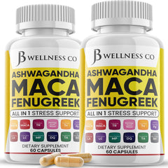 JB Wellness Co Ashwagandha Maca Fenugreek supplement bottle front 120 count