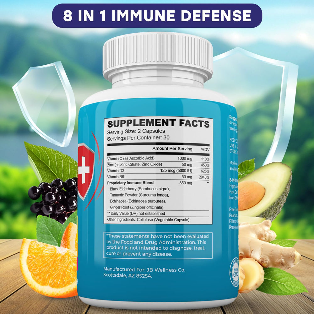 Close-up of Immune Support 8-in-1 capsules bottle showing ingredients