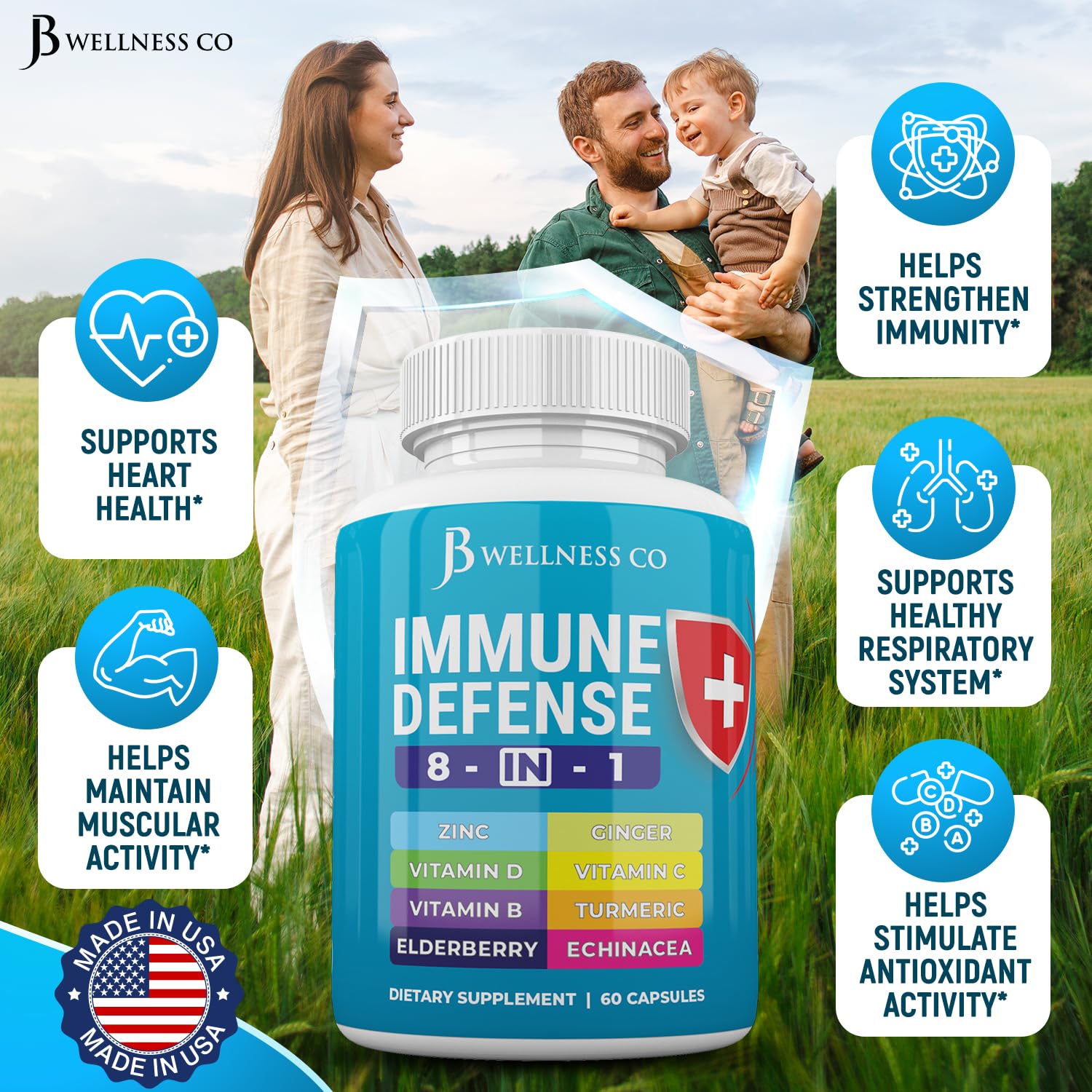 Vitamin C and elderberry immune boosting capsules with ginger and turmeric imagery
