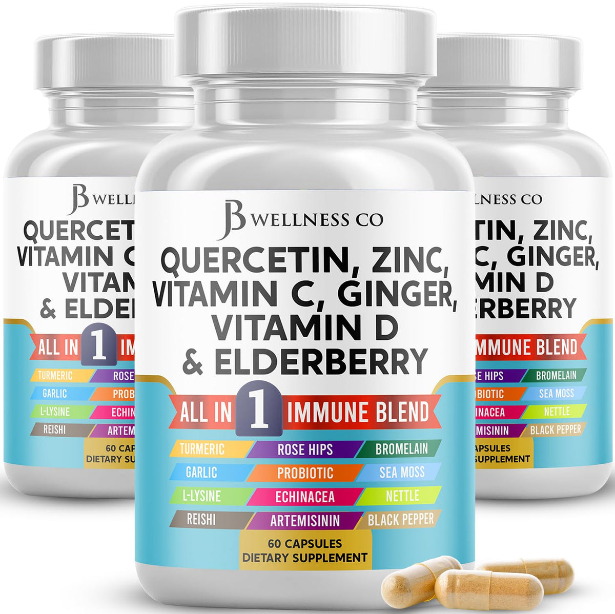 JB Wellness Co Quercetin Zinc Vitamin C D Bromelain Elderberry immune support bottle