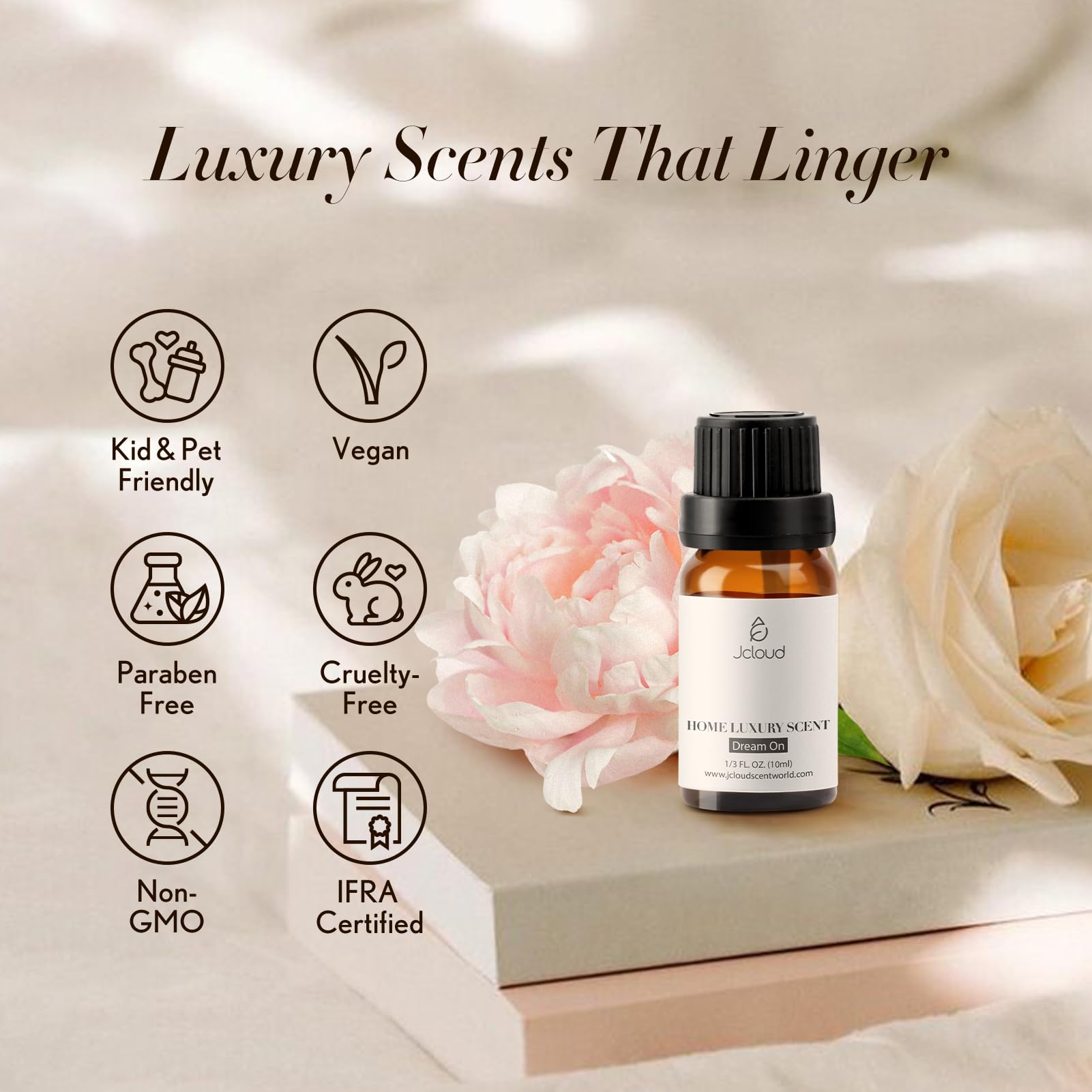 JCLOUD Dream On bottle image shows a sleek 10mL bottle for easy room diffusing