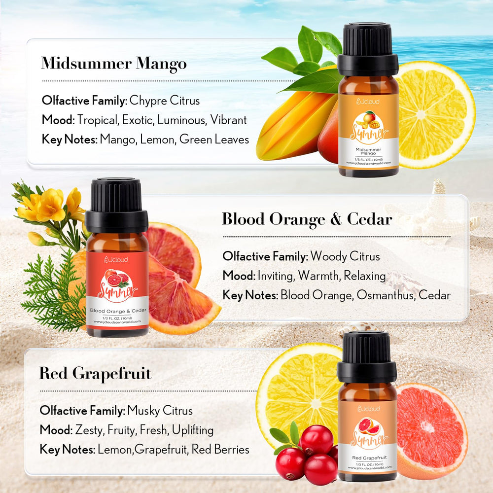 JCLOUD Summer Fragrance Oils Set – six 10mL bottles with clean aquatic scent