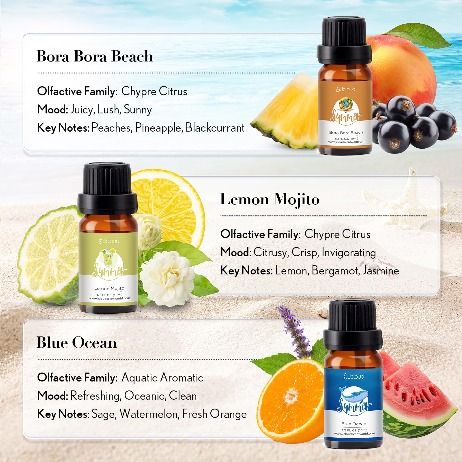 JCLOUD Summer Fragrance Oils Set – bottle close-up with citrus notes