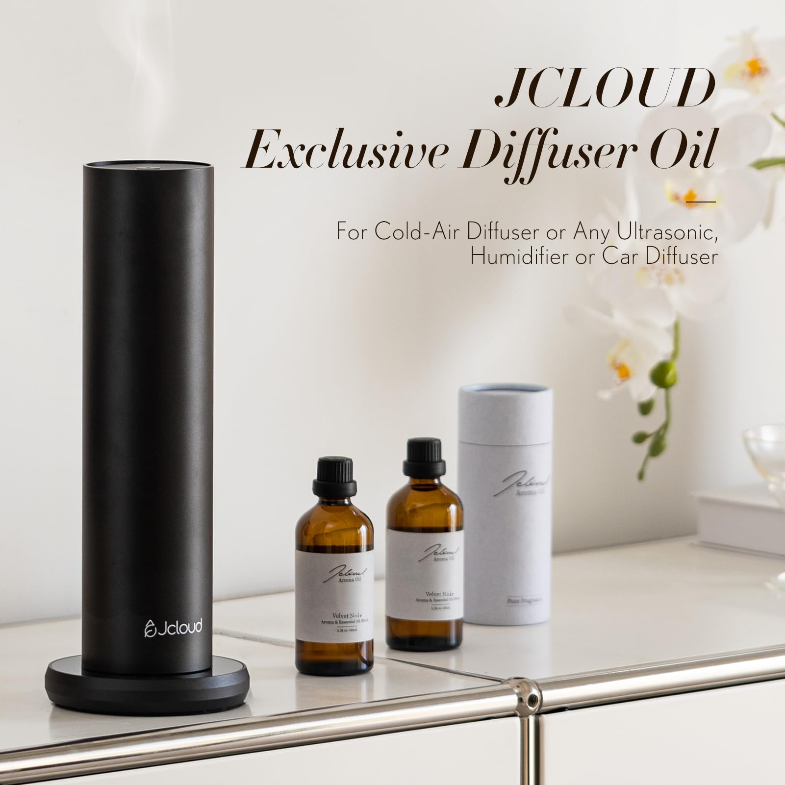 Velvet Noir essential oil packaging and bottle on display