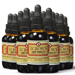 Close-up of J.CROW'S Lugol's iodine 2% dropper bottle