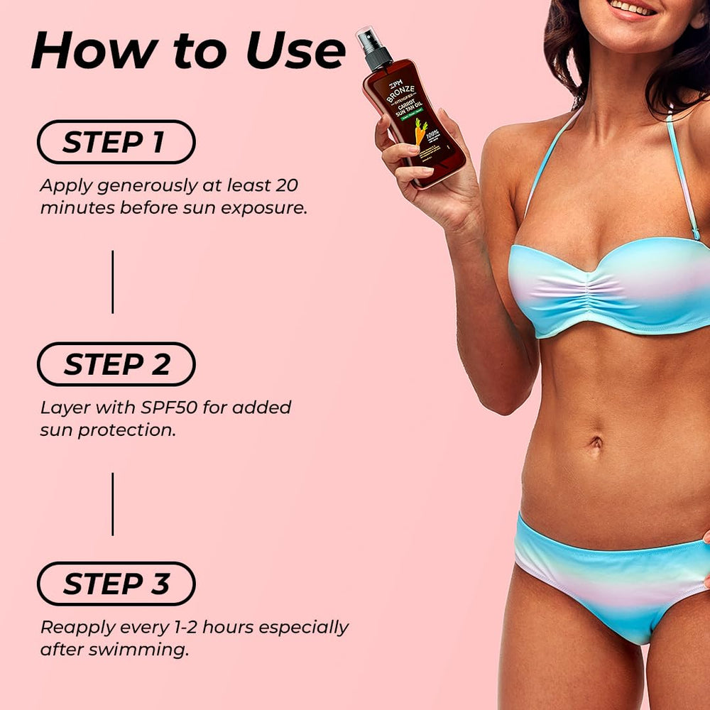 Exposed skin receiving Jeallis Carrot Sun Tanning Oil Spray for beach-ready glow