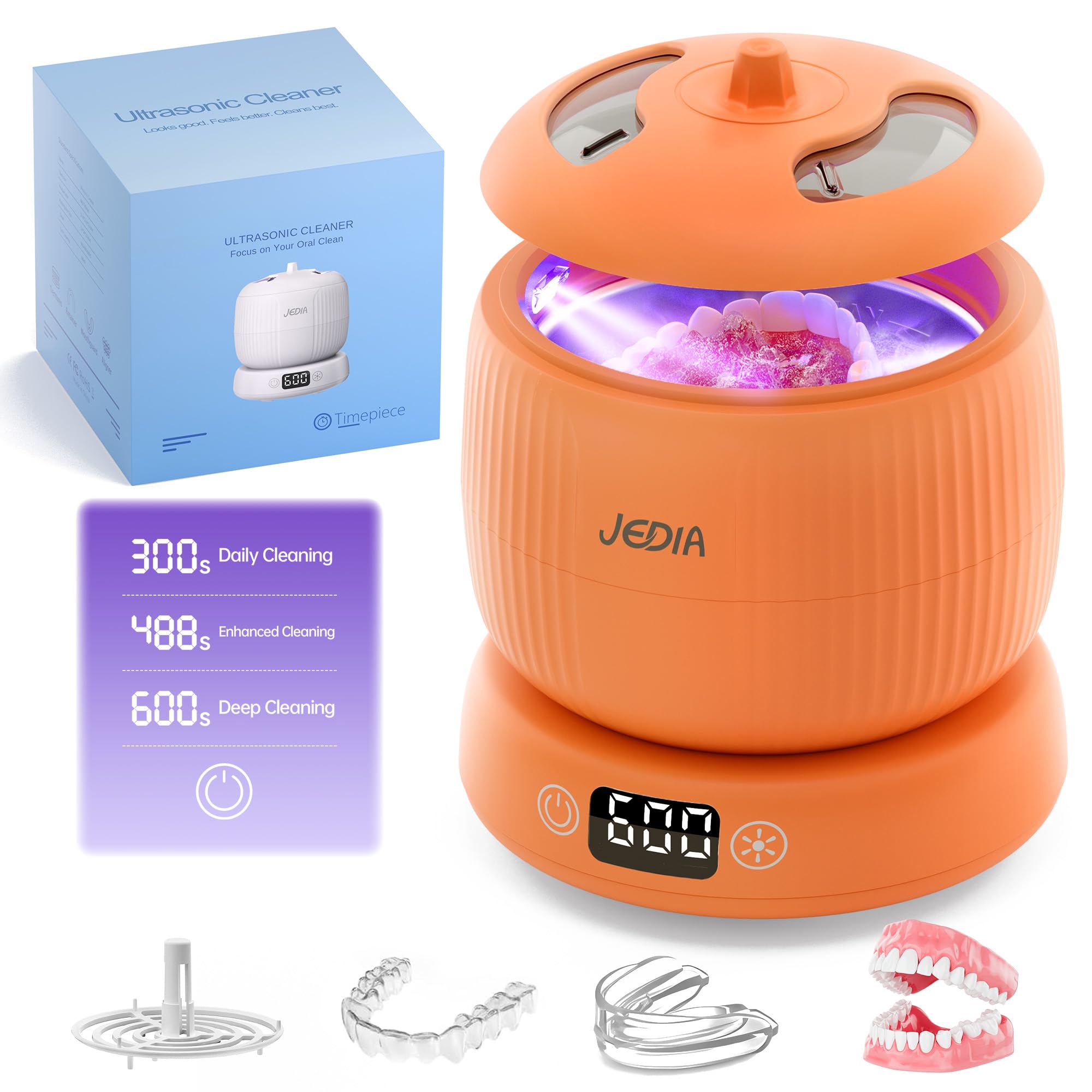 Front/angled view of JEDIA Ultrasonic Retainer Cleaner showing 4 modes and 180ml tank