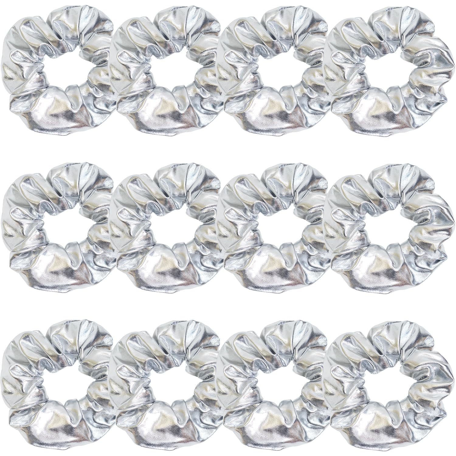 Jeffan 12-pack silver PU leather cheer scrunchies with glittery finish for daily wear