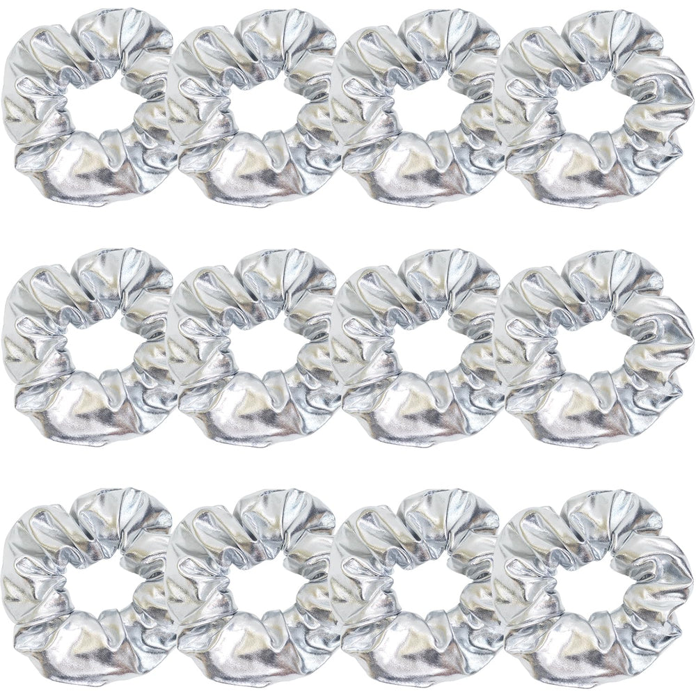 Jeffan 12-pack silver PU leather cheer scrunchies with glittery finish for daily wear