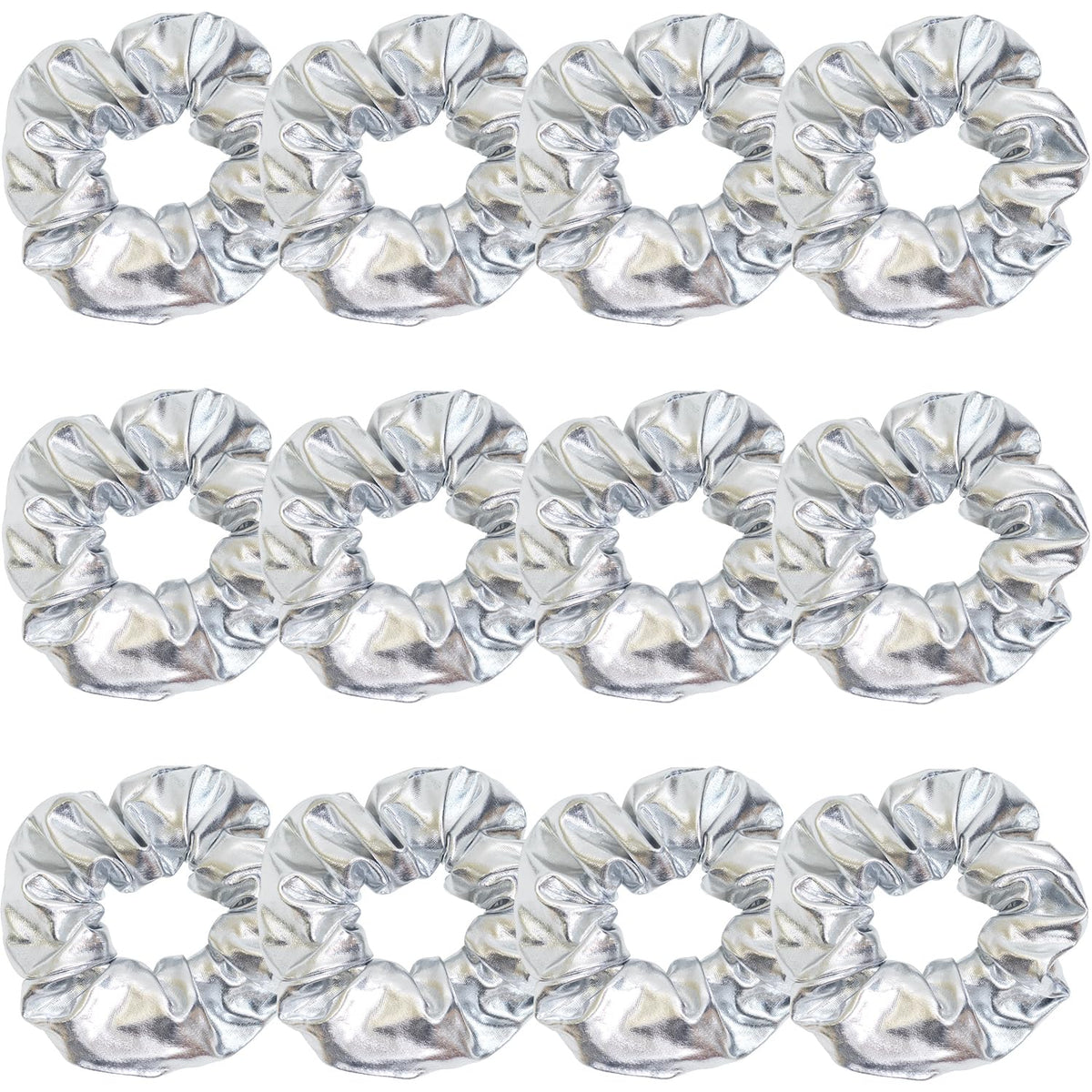 Jeffan 12-pack silver PU leather cheer scrunchies with glittery finish for daily wear