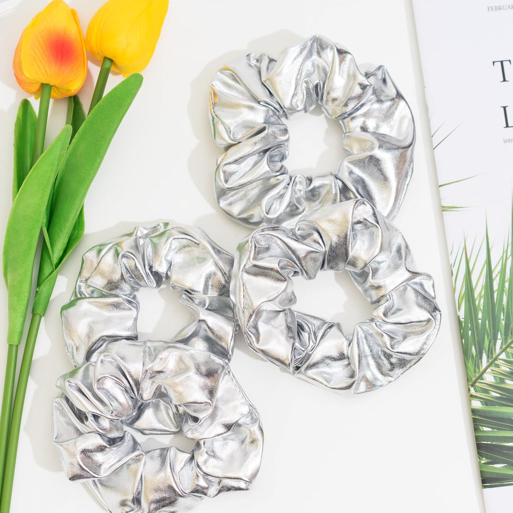 Jeffan mermaid-inspired silver scrunchie highlighting shiny style for routines