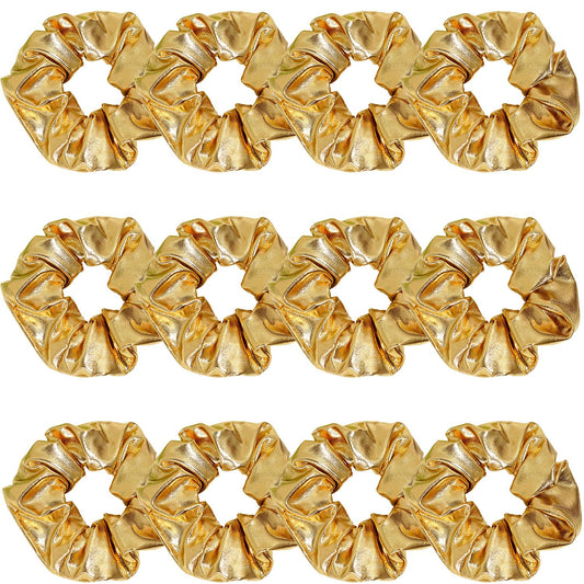 Jeffan 12pc PU Leather Gold Scrunchies pack: shiny ponytail holders for daily wear