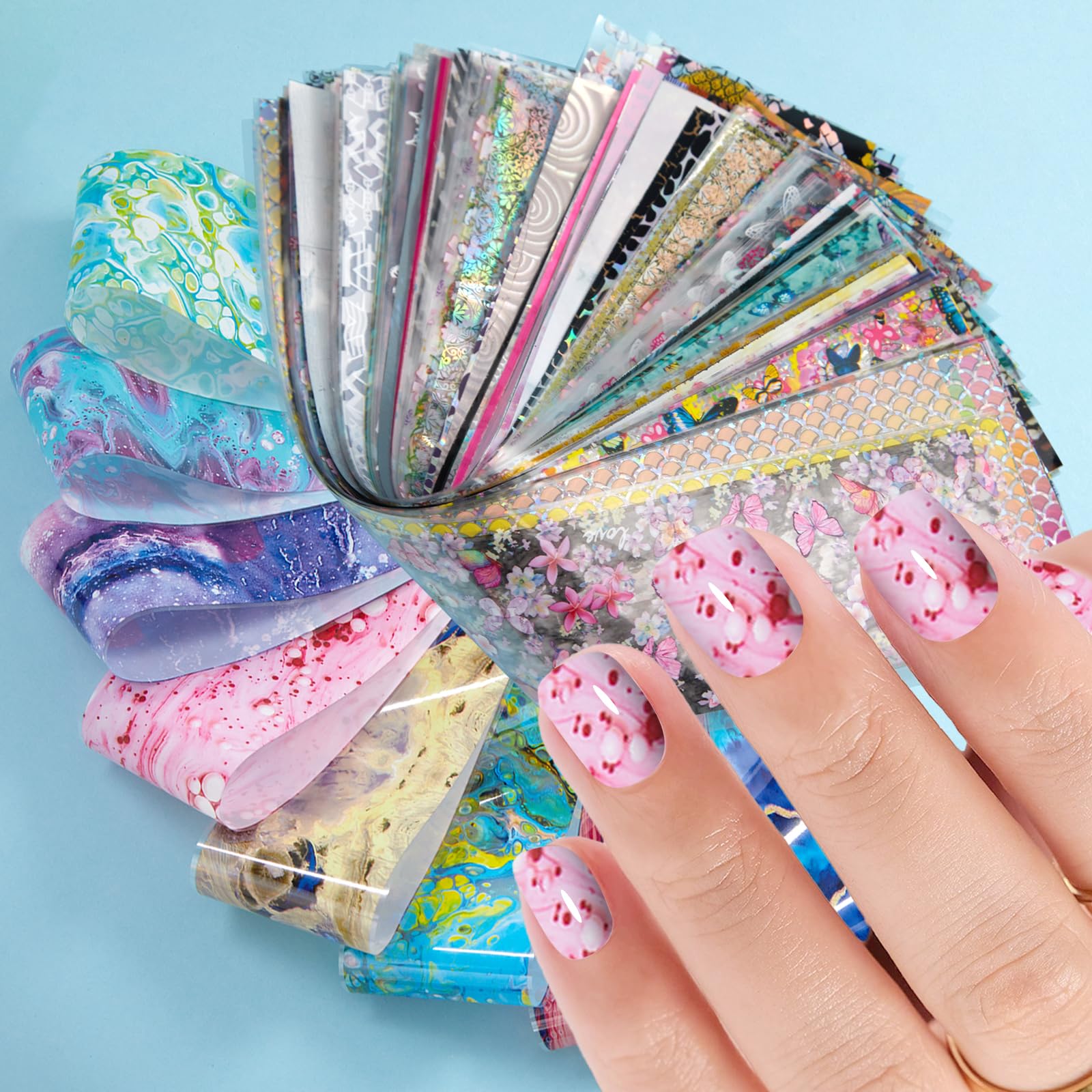 JERCLITY nail foil transfer close-up showing application technique